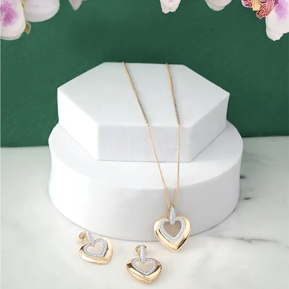 1/5 CT Diamond Heart Necklace & Earrings Set | 14K Gold Plated Sterling Silver